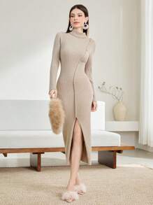 Modelyn Turtleneck Button Detail Split Thigh Sweater Dress - Khaki - View 5