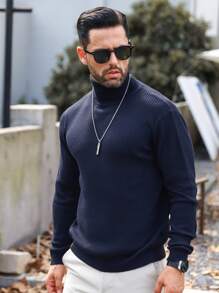 Manfinity Homme Nam Chất rắn Áo cao cổ Đồ đan Ribbed Áo len - Màu xám đen - Xem 5