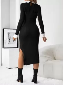 SHEIN 孕婦拼接領高衩緊身洋裝