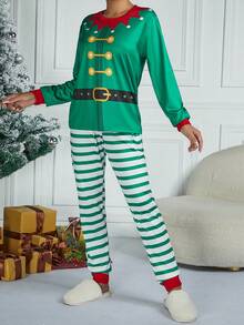 Striped Print Tee & Pants Lounge Set for Christmas - Green - View 6