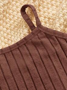 SHEIN Tween Girl Solid Cami Top & Flare Leg Pants & Button Front Tee - Coffee Brown - View 3