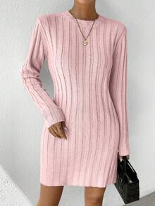 SHEIN Essnce 休閒羅紋針織純色女士毛衣連衣裙 - 粉色 - 查看 5