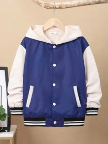 SHEIN Tween Boy Letter & Figure Graphic Two Tone Striped Trim Hooded Jacket - Purple - View 4