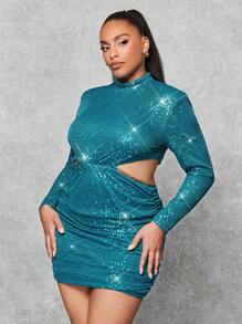 SHEIN BAE Robe de soirée formelle pour femmes de grande taille avec sequins bleus pour le Nouvel An - Vert - Voir 5