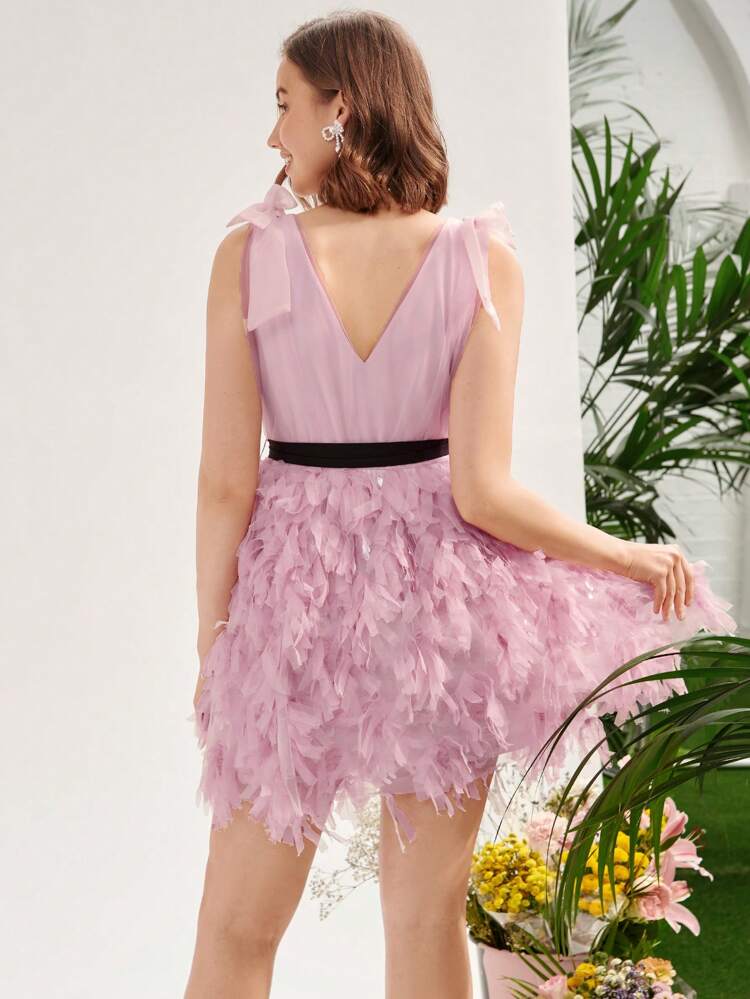 Tie Shoulder Belted Fuzzy Trim Dress With Belt