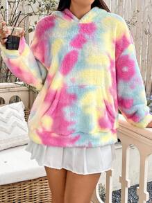 Flirla 加大码扎染袋鼠口袋落肩卫衣 - 粉色 - 查看 1