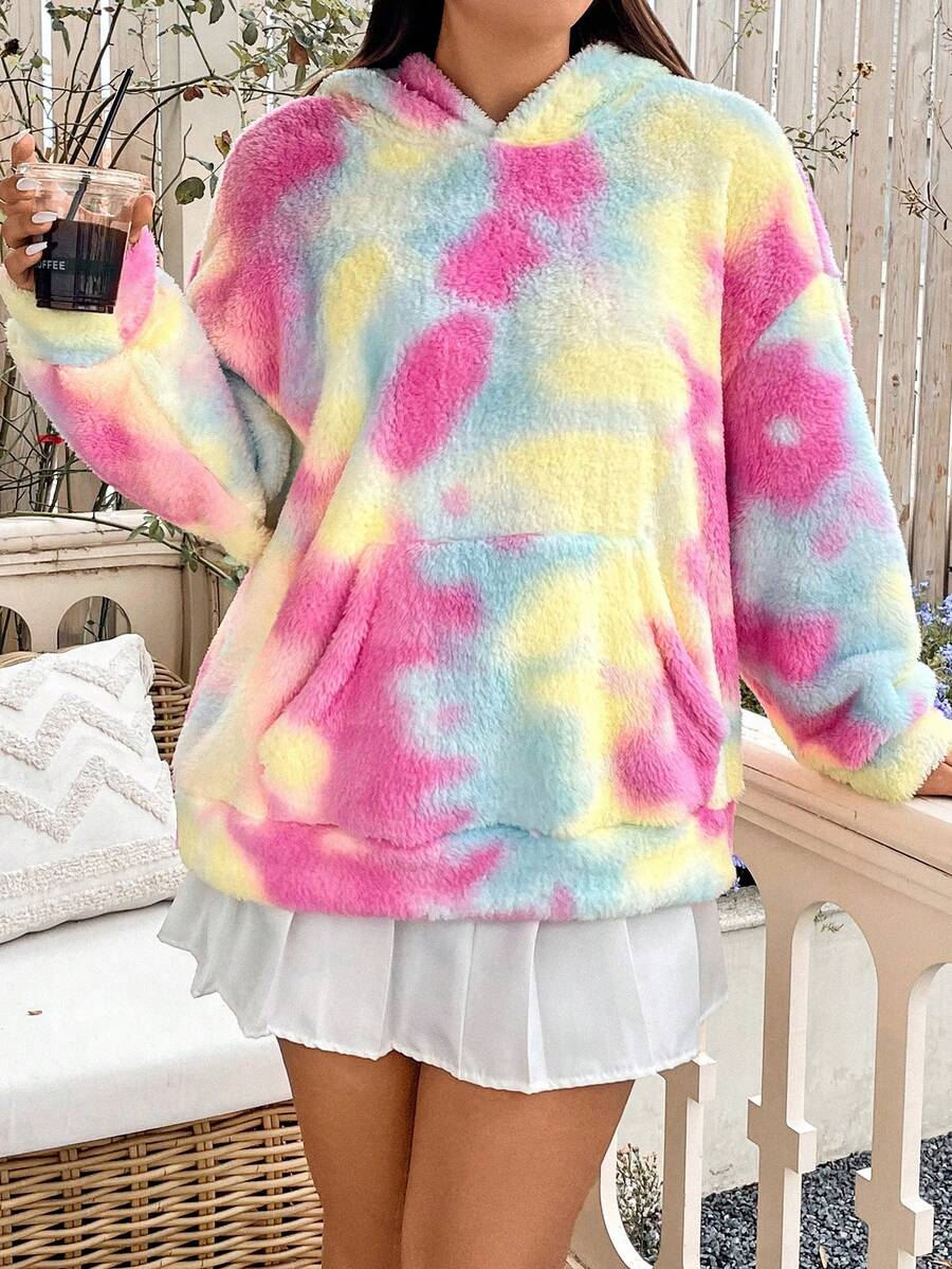 Flirla 加大码扎染袋鼠口袋落肩卫衣 - 粉色 - 查看 1