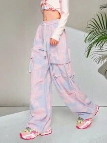 SHEIN Unity Women's Casual Fashionable Printed Cargo Pants - Pink - View 3