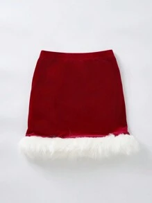 SHEIN MOD Fuzzy Trim Bodycon Skirt - Red - View 1
