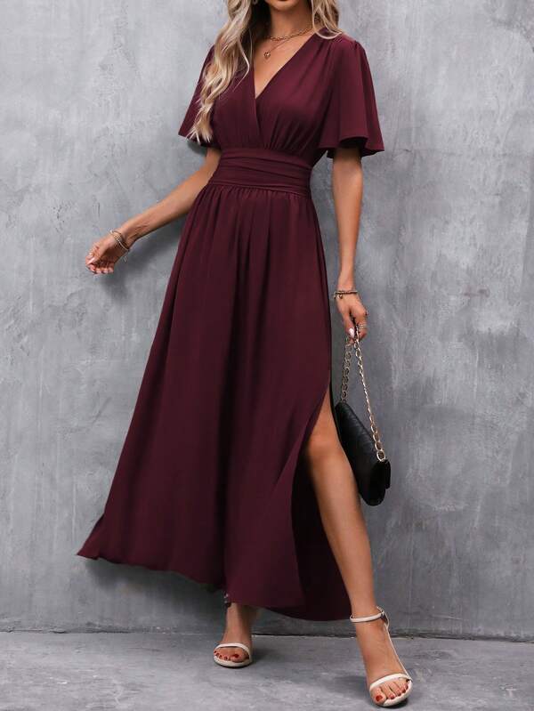 EMERY ROSE Butterfly Sleeve Ruched Waist Split Thigh Dress Maxi Women Outfit