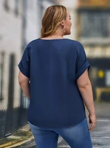 EMERY ROSE Plus Button Detail Batwing Sleeve Blouse - Blue - View 2