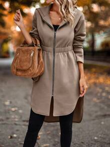 SHEIN LUNE Dây kéo Hem cao thấp Áo trùm đầu - Màu Khaki - Xem 4