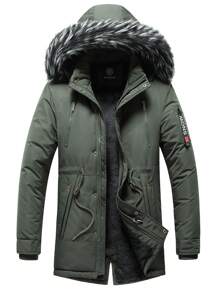 Men Drawstring Waist Fuzzy Trim Hooded Parka Coat, Fall/Winter