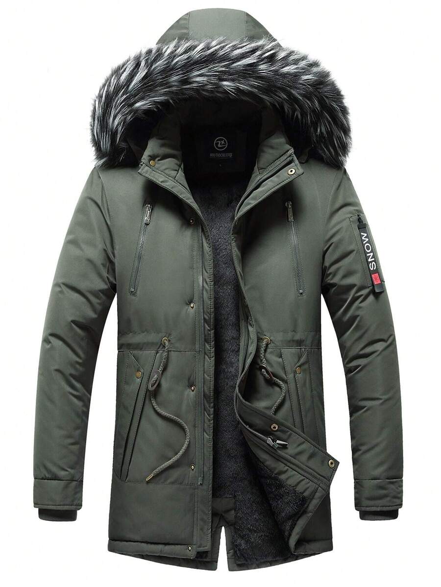 Men Drawstring Waist Fuzzy Trim Hooded Parka Coat, Fall/Winter