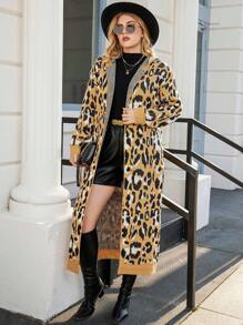 Calvaya Plus Leopard Pattern Drop Shoulder Open Front Hooded Longline Cardigan - Multicolor - View 4