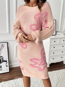 SHEIN LUNE Mô hình hoa tay cánh Đầm Áo len Không có thắt lưng - Hồng - Xem 3