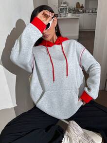 SHEIN Unity Khâu trên cùng Túi kangaroo Thả vai Dây rút Hoodie - Nhiều màu - Xem 6