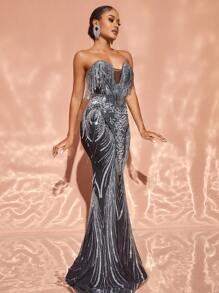 Faeriesty Váy dự tiệc tua rua hoa đính sequin - màu đen - Xem 1