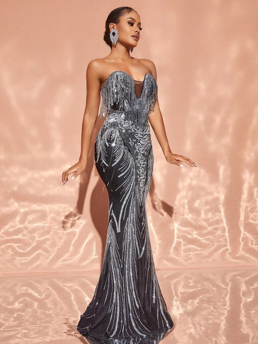 Faeriesty Váy dự tiệc tua rua hoa đính sequin - màu đen - Xem 1