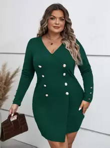 SHEIN Clasi Plus Button Detail Bodycon Dress - Dark Green - View 1