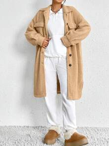 SHEIN EZwear Túi có nắp Thả vai Áo khoác Teddy - Màu be - Xem 4