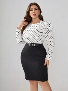 SHEIN Clasi Hơn In vết tròn Polka Tay áo Áo sơ mi - Đen và trắng - Xem 4