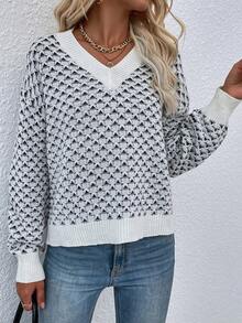 SHEIN Frenchy Họa tiết Toàn thân Thả vai Áo len - Đen và trắng - Xem 5