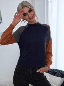 SHEIN LUNE Khối màu Cổ giả Tay Raglan Áo len - Màu xanh lam - Xem 6