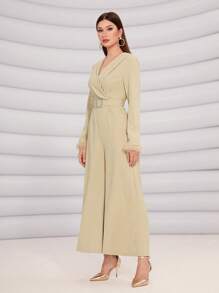 Modelyn Fuzzy Cuff Belted Wide Leg Jumpsuit - Apricot - View 5