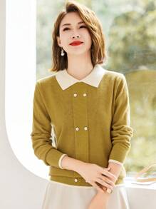 Cổ áo tương phản Đôi ngực Áo len - Màu vàng - Xem 1