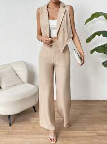 SHEIN Privé Đôi ngực Áo khoác Vest & Quần ống rộng - Màu Khaki - Xem 3