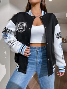SHEIN Unity Cazadora de universidad con estampado de letra de dos tonos de hombros caídos ribete de rayas - Blanco y Negro - Ver 3