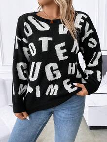 SHEIN LUNE 大碼字母圖案落肩袖套頭毛衣 - 黑色 - 查看 2