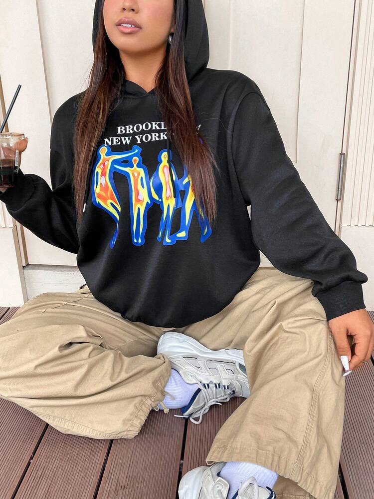 Plus Size Hooded Sweatshirt With Heat Sensitive Portrait And Letter Print Pullover Fall Sweatshirt