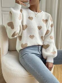 Chiquease Heart Pattern Drop Shoulder Sweater,Long Sleeve Tops Knit Pullover Fall Winter Outfit - Multicolor - View 4