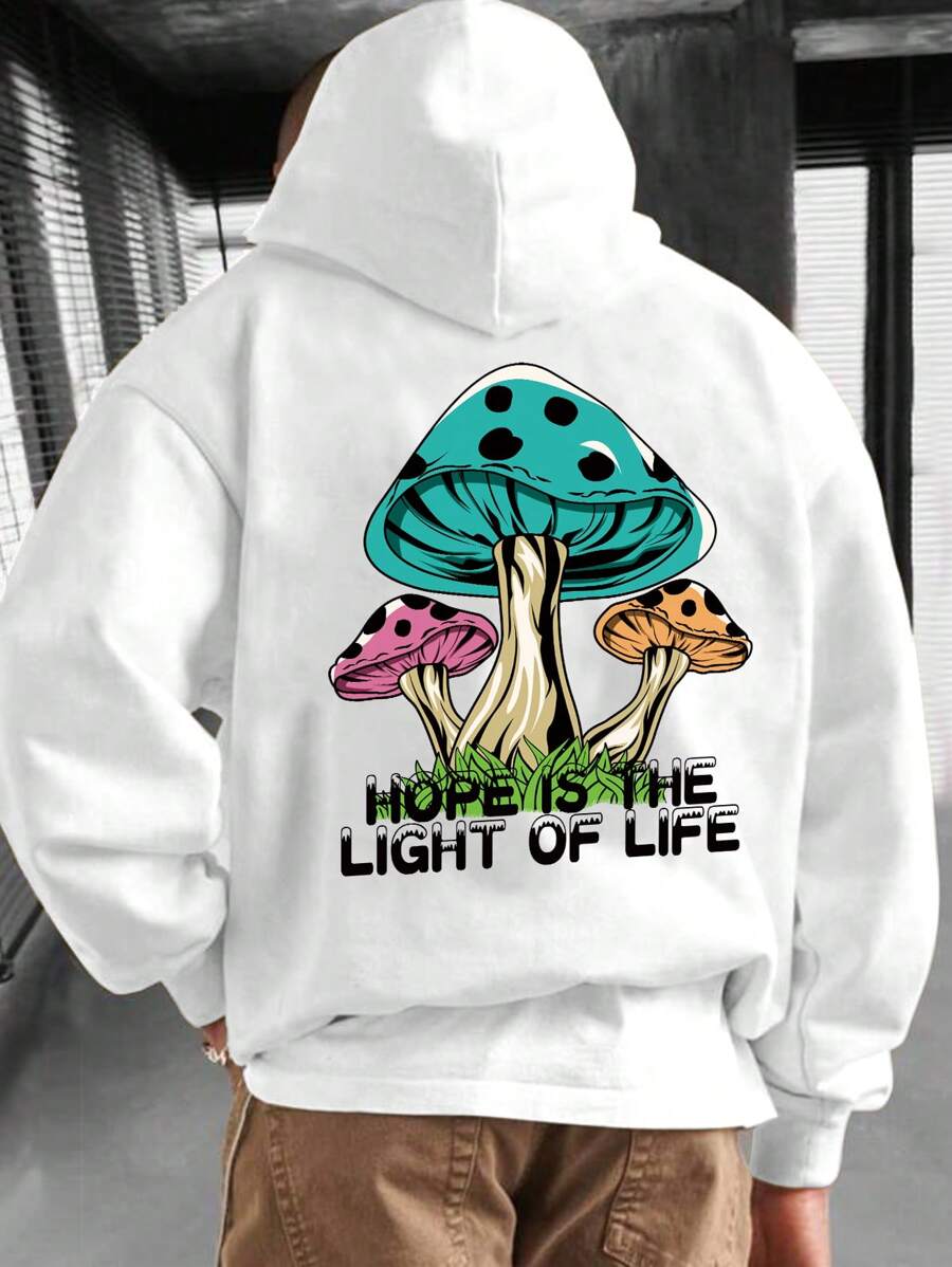 Manfinity Hypemode Nam Nấm & Đồ họa Khẩu hiệu Thả vai Dây rút Hoodie - trắng - Xem 1