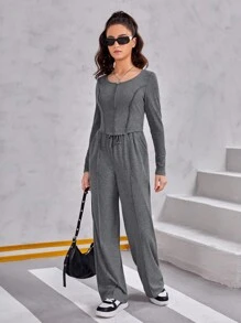 SHEIN Teen Girl Lettuce Trim Top & Wide Leg Pants Set - Dark Grey - View 4