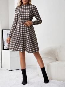SHEIN Maternity Plaid Print Mock Neck Dress - Brown - View 5