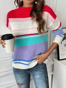 SHEIN LUNE Striped Color Block Mock Neck Drop Shoulder Sweater - Multicolor - View 4