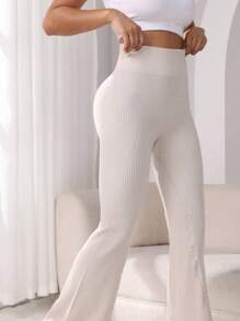 Easithlete Solid Flare Leg Sports Pants - Beige - View 3