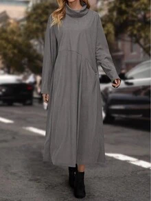 EMERY ROSE 素色小高領落肩袖洋裝 - 灰色 - 查看 4