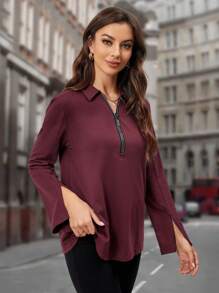 EMERY ROSE Half Zip Split Cuff Tee - Burgundy - View 5