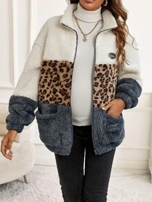 SHEIN Maternity Leopard Pattern Colorblock Drop Shoulder Teddy Jacket - Multicolor - View 5