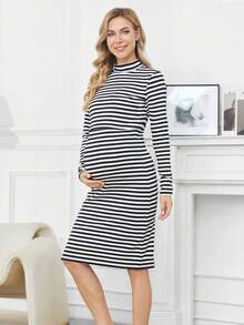 Maternity Striped Print Split Hem Mock Neck Slit Hem Nursing Dress - Black and White - View 5