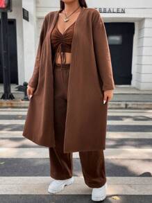 Flirla Plus Drawstring Front Tank Top & Pants & Coat - Brown - View 5