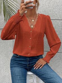 SHEIN Frenchy Chấm Swiss Cắt vỏ sò tay áo lá sen Nút phía trước Áo sơ mi - Rỉ Nâu - Xem 5