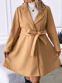 SHEIN Clasi 大碼西裝領腰帶花呢外套 - 卡其色 - 查看 5