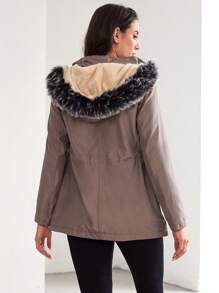 SHEIN Cottnline Drawstring Waist Fuzzy Trim Hooded Parka Coat - Mocha Brown - View 2