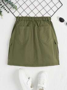 SHEIN 女童純色工裝裙,附蓋口袋和側邊紐帶 - 軍綠色 - 查看 2