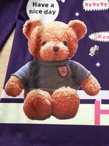 SHEIN 女小童熊和標語圖案拼接側邊接縫洋裝 - 寶藍色 - 查看 4